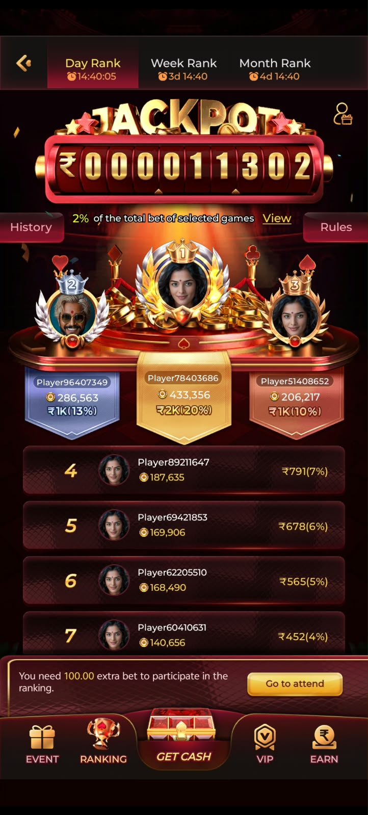 MAX7 Game jackpot and player ranking screen